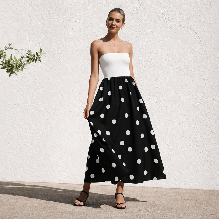 Strapless jurk | Dames A-lijn, stippenprint | Elegante zomerstijl