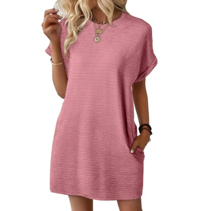 Dames zomerjurk in A-lijn met ronde hals en zakken