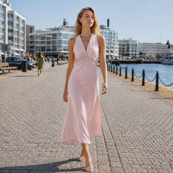 Lange jurk | Open rug, enkellengte | V-hals