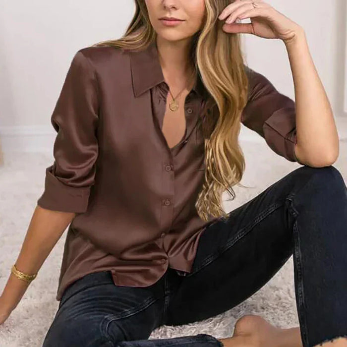 Satijnen blouse | dames, korte mouw, V-hals | kantoorstijl