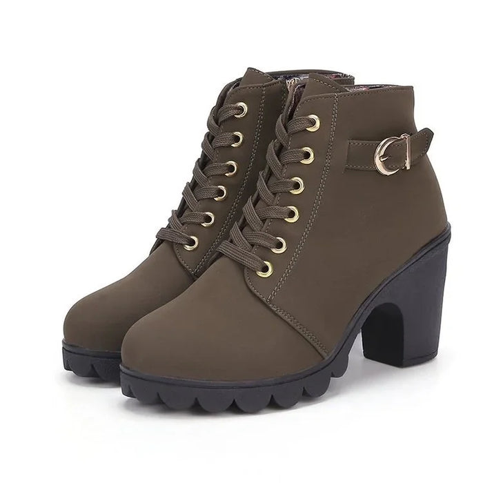 Leren enkellaarsjes voor dames | Blokhak, veters | Comfortabel