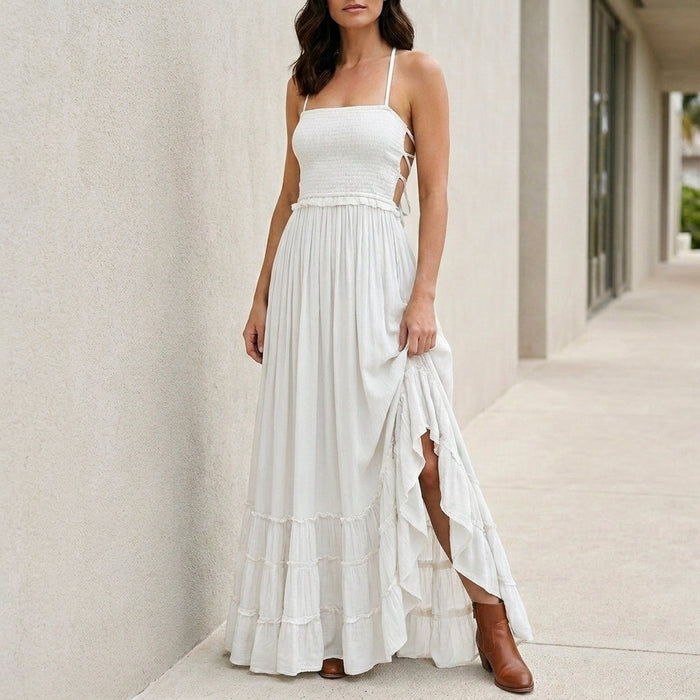 Maxi-jurk | Open rug, gesmokt | Bohemien zomerstijl