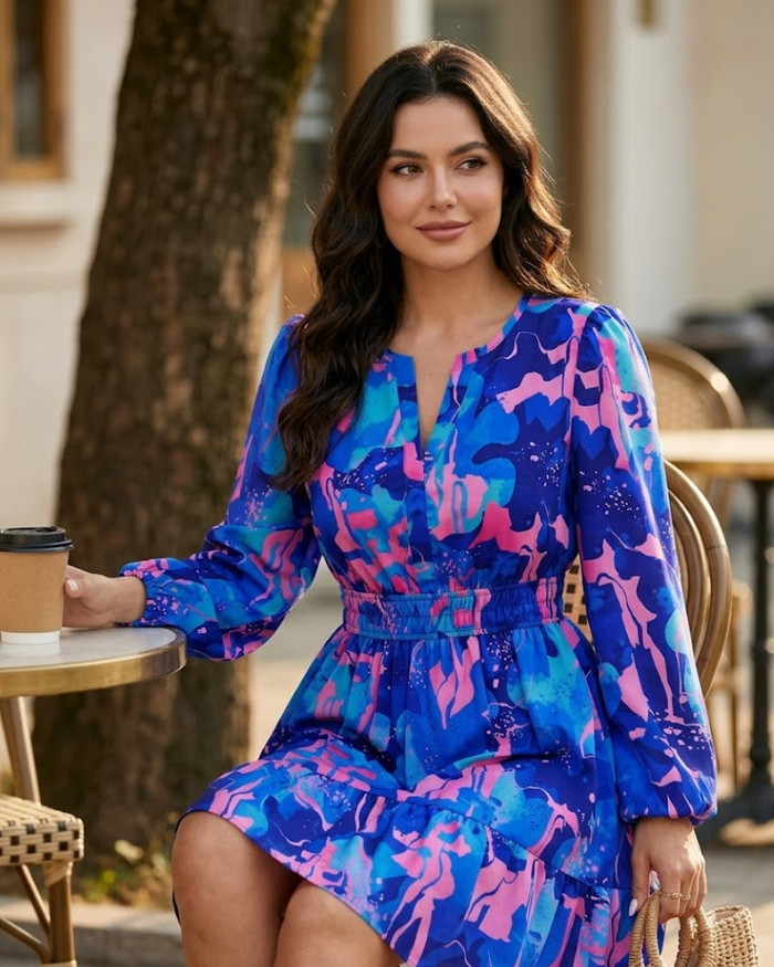 Mini-jurk | Blauw, V-halslijn, lange mouwen, elastische taille