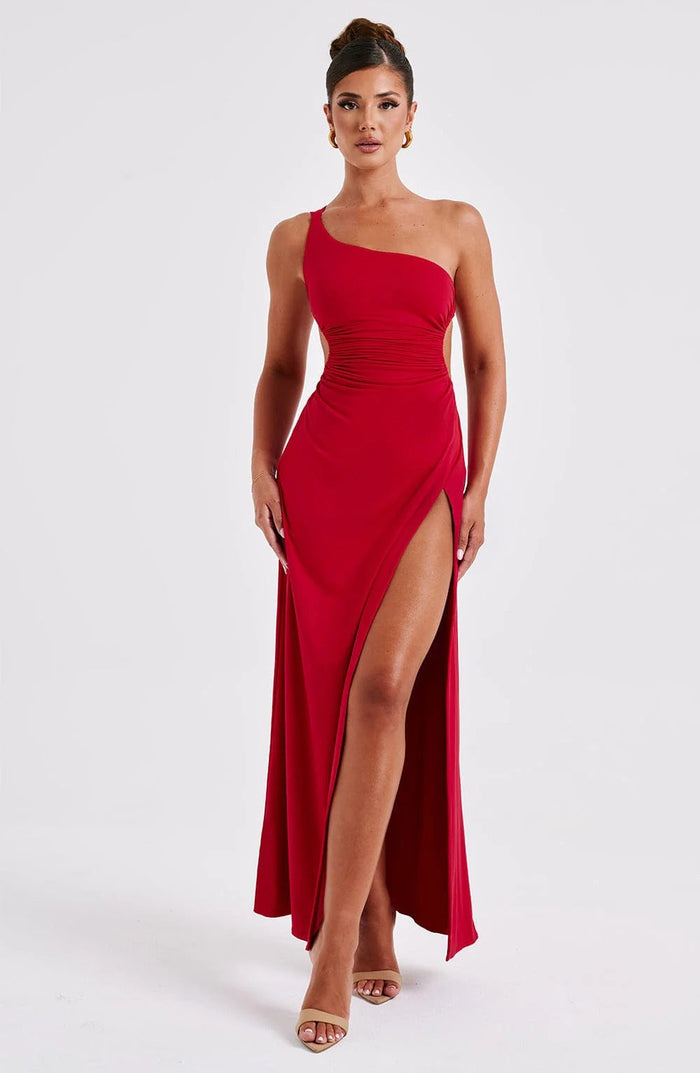 One-shoulder maxi-jurk met hoge split