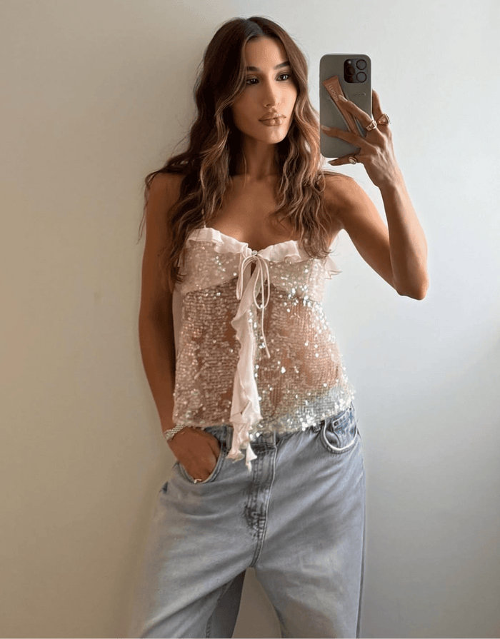 Camisole met pailletten en ruchebies