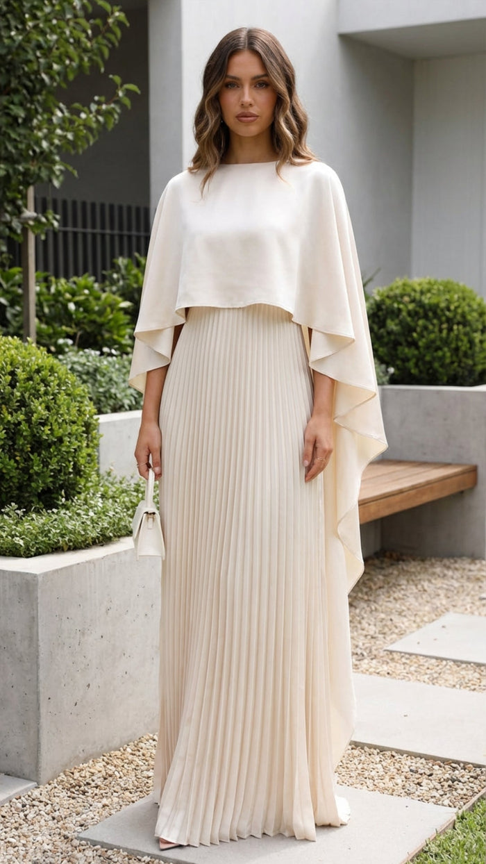Geplooide maxi-jurk met capemouwen