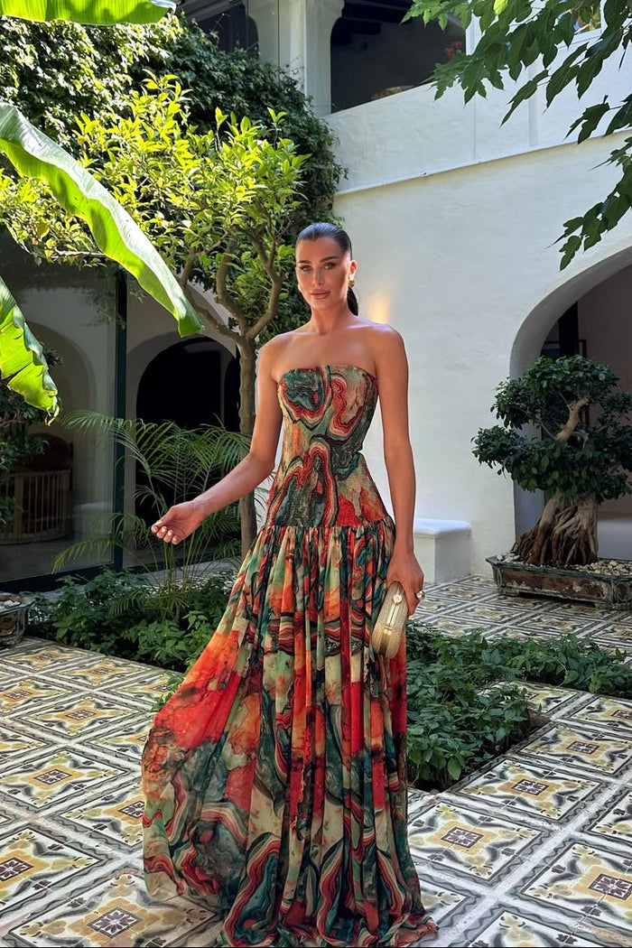 Geplooide strapless maxi-jurk in multicolour