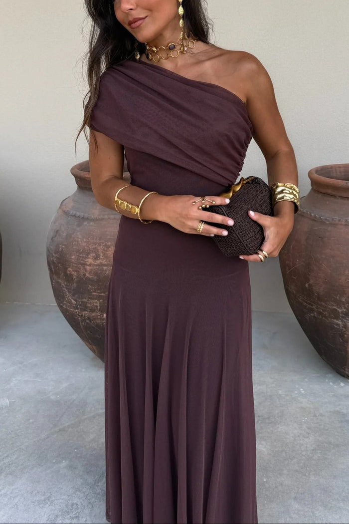 Off-shoulder maxi-jurk van mesh met gedrapeerde buste