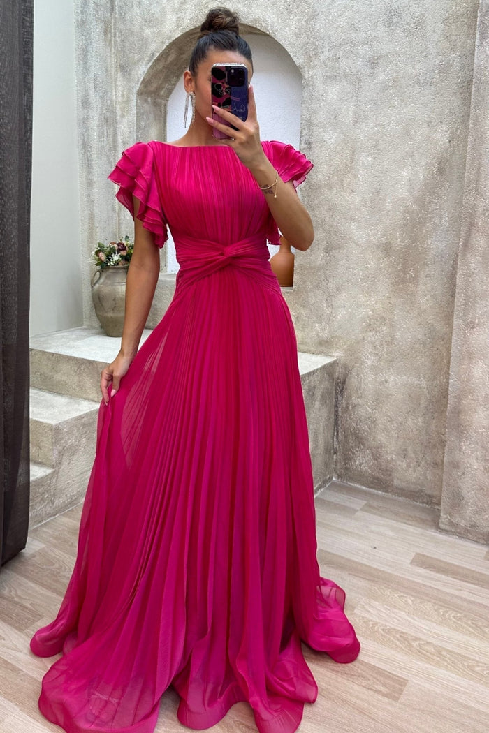 Geplooide maxi-jurk met vloeiende rok