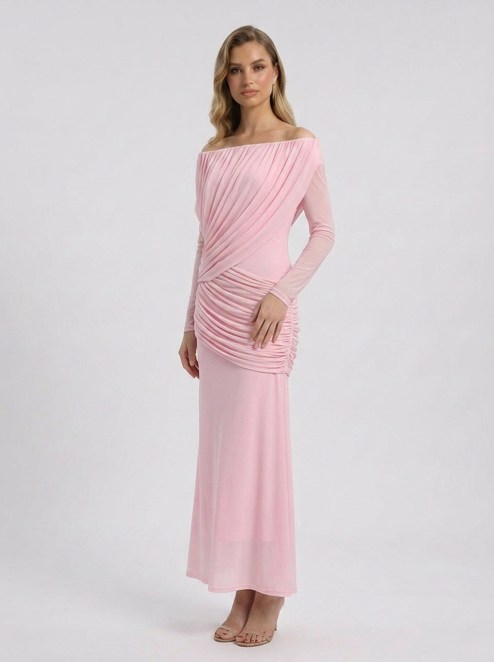 Off-shoulder maxi-jurk met rimpeling en lange mouwen