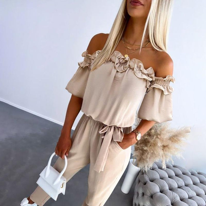 Jumpsuit | Off-shoulder, plooien | Taille met ceintuur