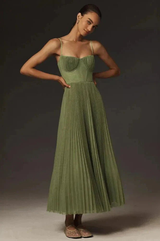 Geplooide maxi-jurk | Strapless, zijdeachtig | Groen