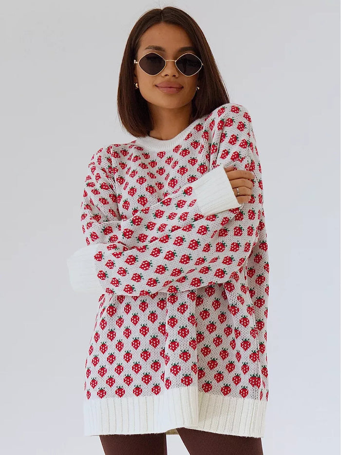 Oversized gebreide trui met aardbeienprint