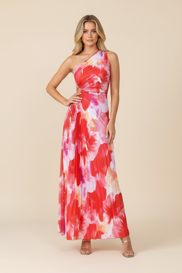 Geplooide one-shoulder maxi-jurk met bloemenprint