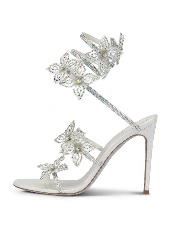 Zilveren stilettosandalen met bloemen en strass