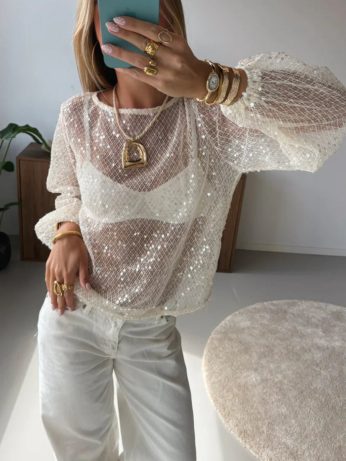 Off-shoulder mesh top met pailletten
