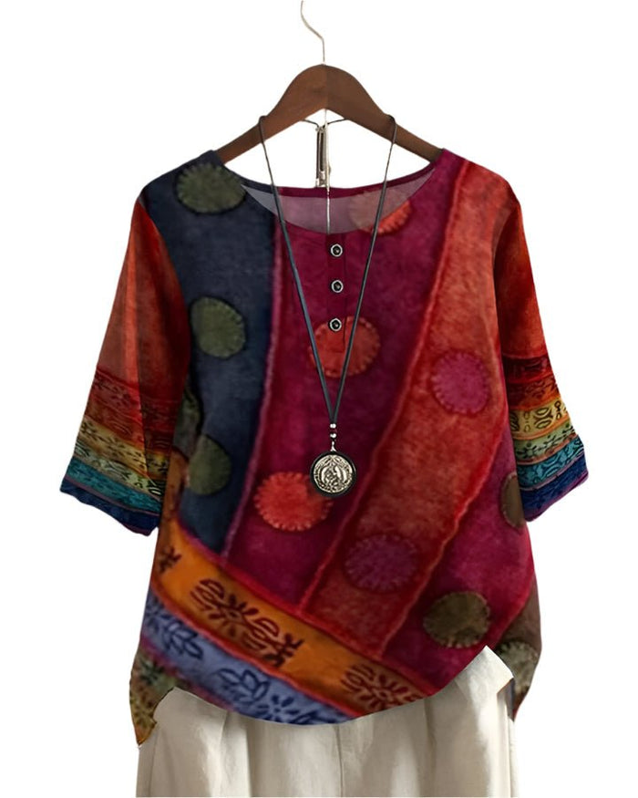 Vintage blouse met multicolor print – lichte, ruimvallende katoenen blouse