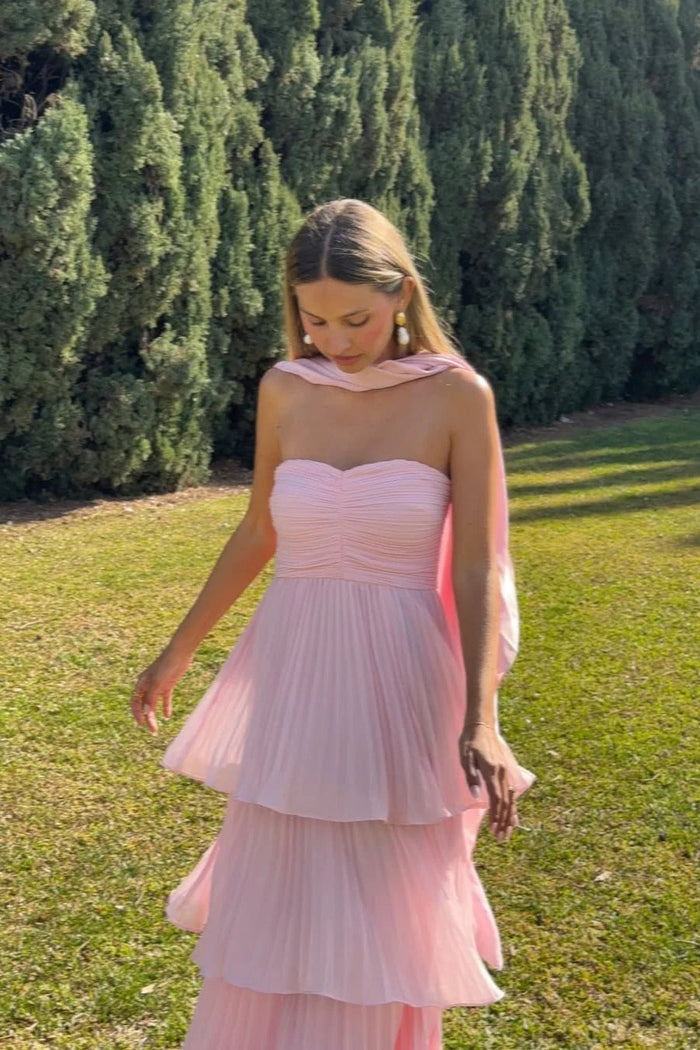 Strapless maxi-jurk met laagjes in roze