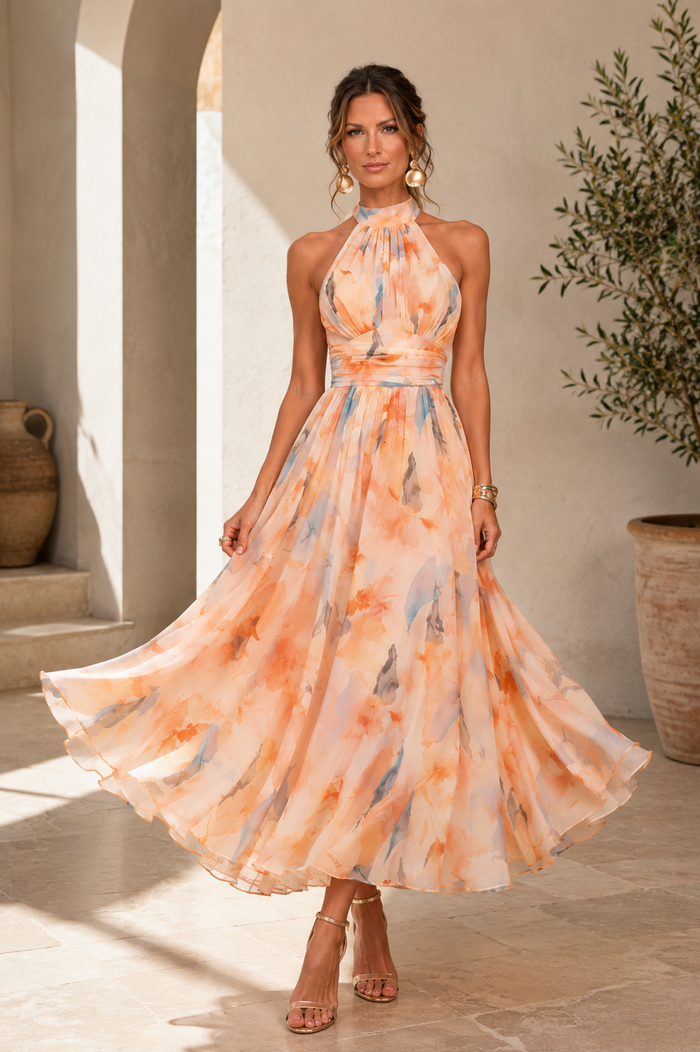 Midi-jurk met halterhals en abstracte print