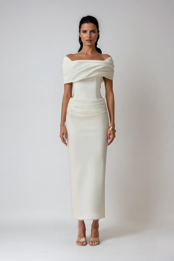Gedrapeerde off-shoulder maxi-jurk in wit