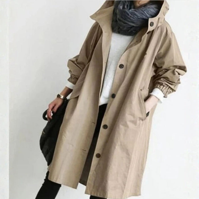 Lange damesjas | Doorknoop, streetstyle | Beige, grijs, zwart