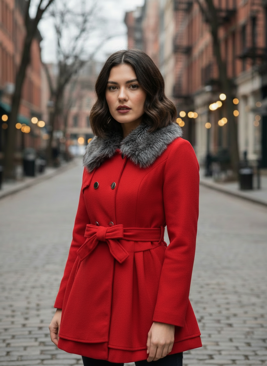 Women’s Double-Breasted Belted Winter Coat – Fur Collar Elegance