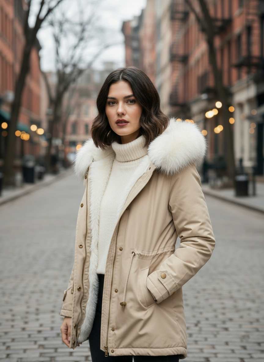 Women’s Winter Parka – Faux Fur Hood and Belted Design