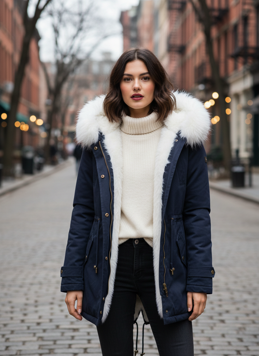Women’s Winter Parka – Faux Fur Hood and Belted Design