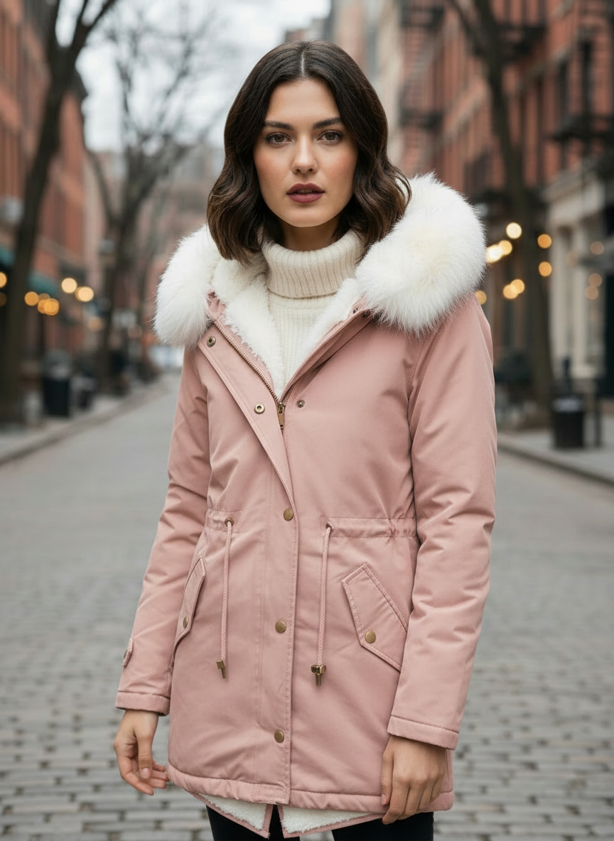 Women’s Winter Parka – Faux Fur Hood and Belted Design