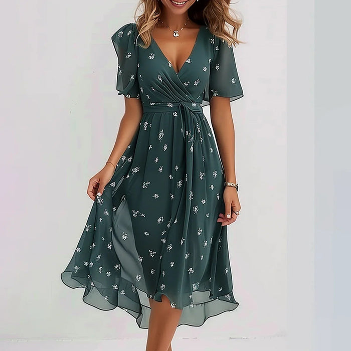 Dames zomerjurk | Overslagjurk met bloemenprint, V-hals | Midi