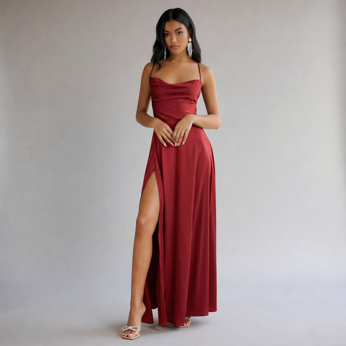 Lange elegante zijdeachtige jurk - Feestjurk met gevlochten rug
