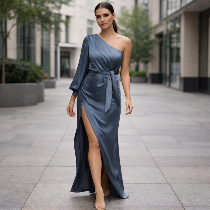 Satijnen maxi-jurk | one-shoulder, elegant