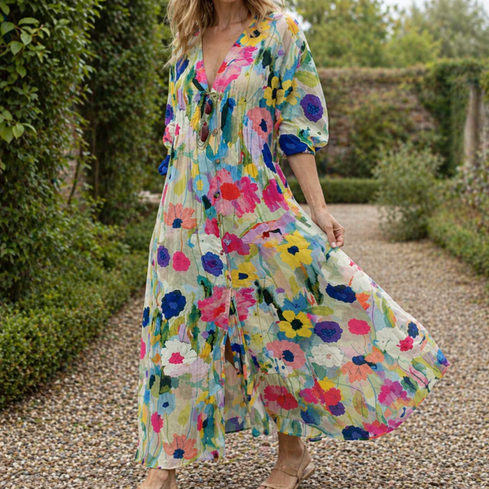 Maxi-jurk | Bohemien, V-hals | Bloemenprint, ruime pasvorm