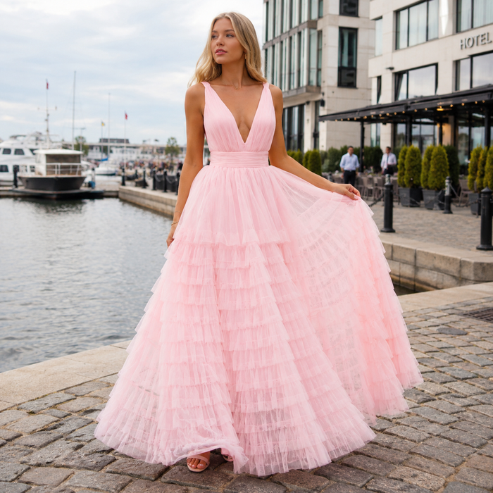 Maxi-jurk voor dames | Met ceintuur, ruchezoom | Elegante feestjurk