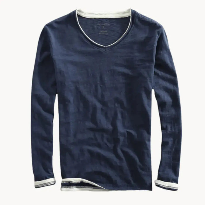 Herenshirt met V-hals | Lange mouw, zacht | Contrastbies, katoen