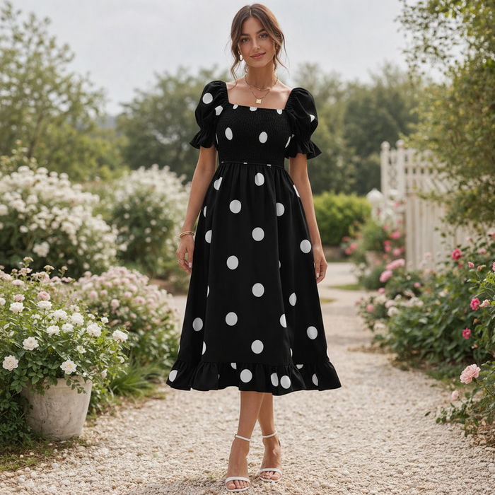 Midi-jurk met stippen | Pofmouw | Elegant en vloeiend