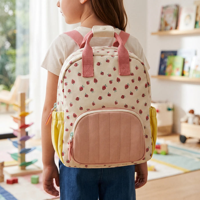 Schoolrugzak met aardbeienprint | Kinderen | Vrolijke gekleurde achtergrond