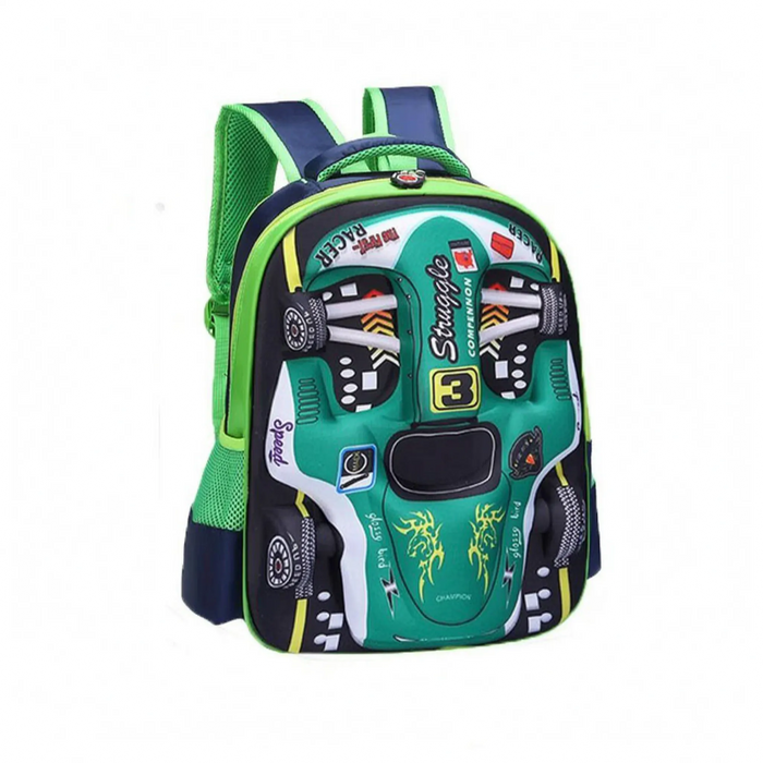 Schoolrugzak | 3D-raceauto, kinderen | Groen, blauw, rood