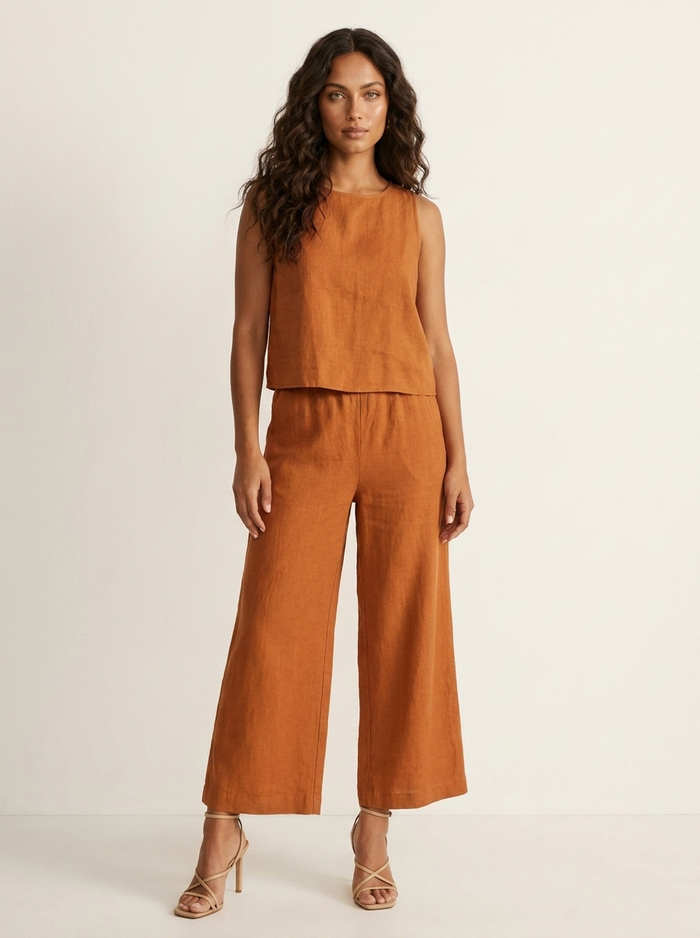 Linnen damesset – mouwloze top en wijde broek van ademend linnen