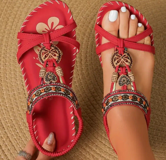 Platte boho-sandalen – open neus – gedraaide bandjes – glitter