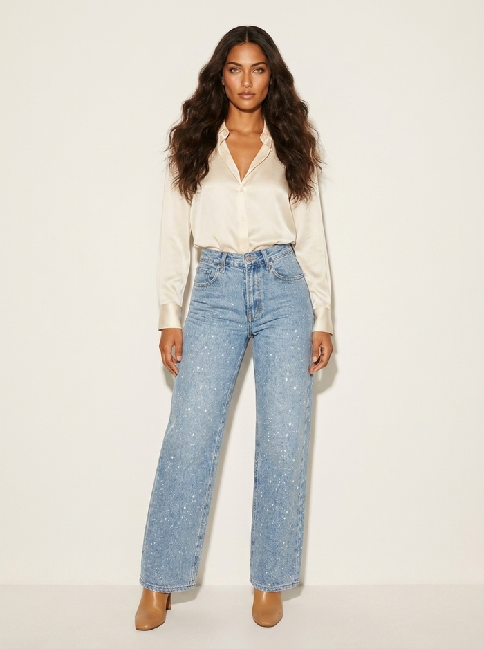 Straight-leg jeans met hoge taille en pailletdetail