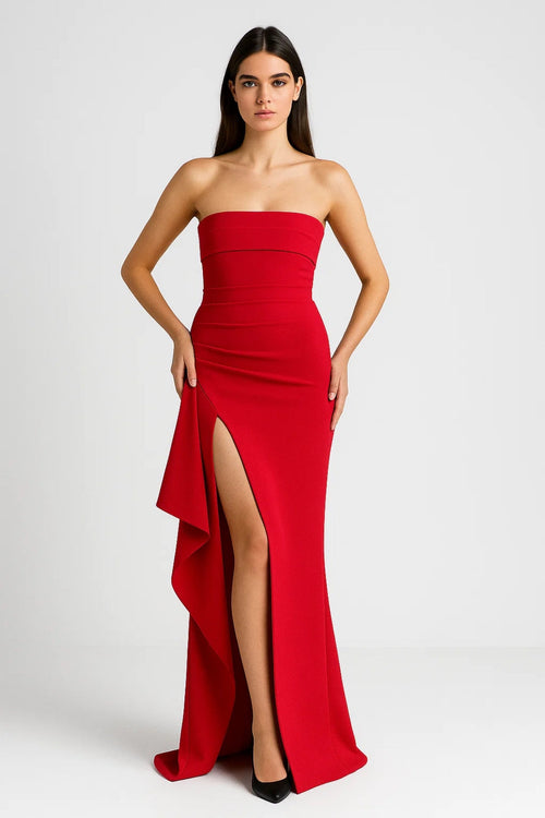 Avondjurk | lange strapless jurk | hoge split en plooien