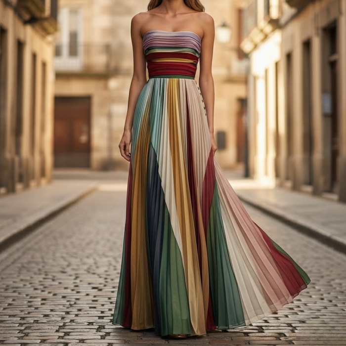 Maxi-jurk | Off-shoulder plissé | Multicolor