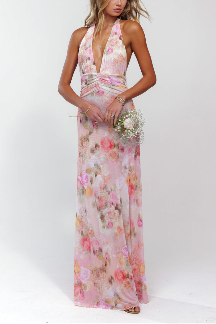 Maxi-jurk met diepe V-hals en halternek in roze