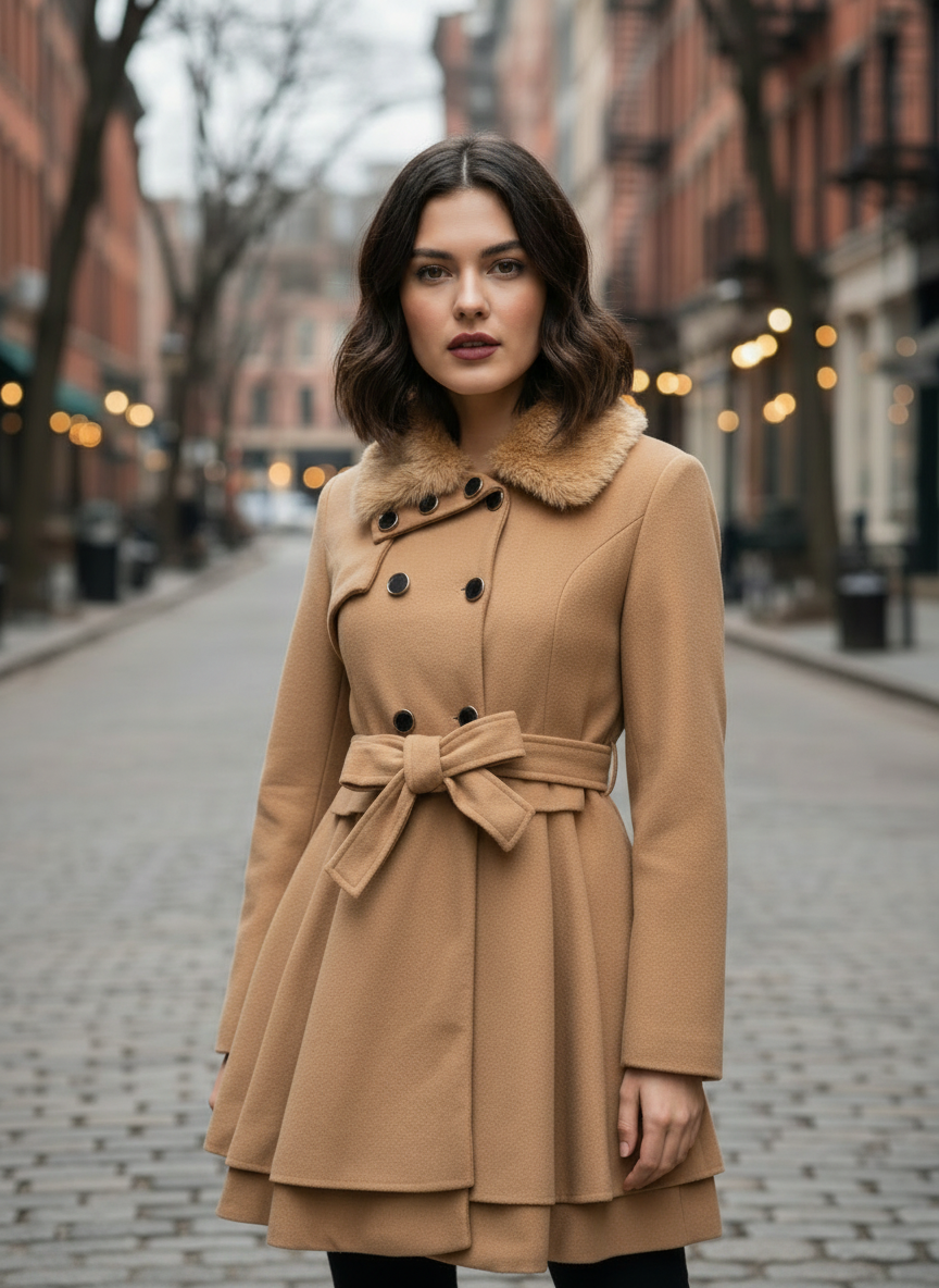 Women’s Double-Breasted Belted Winter Coat – Fur Collar Elegance
