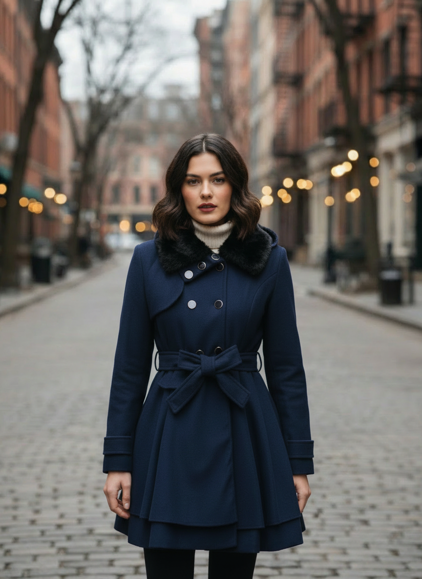 Women’s Double-Breasted Belted Winter Coat – Fur Collar Elegance