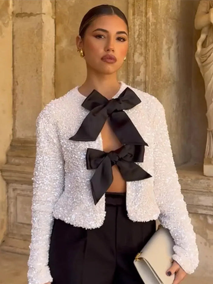 Pailletten top met strik, voor of achter te dragen