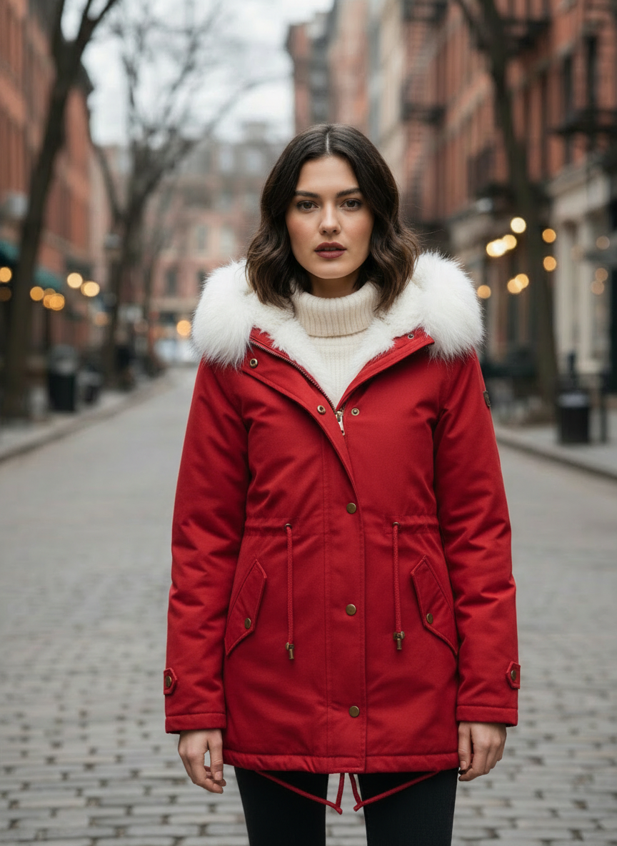 Women’s Winter Parka – Faux Fur Hood and Belted Design