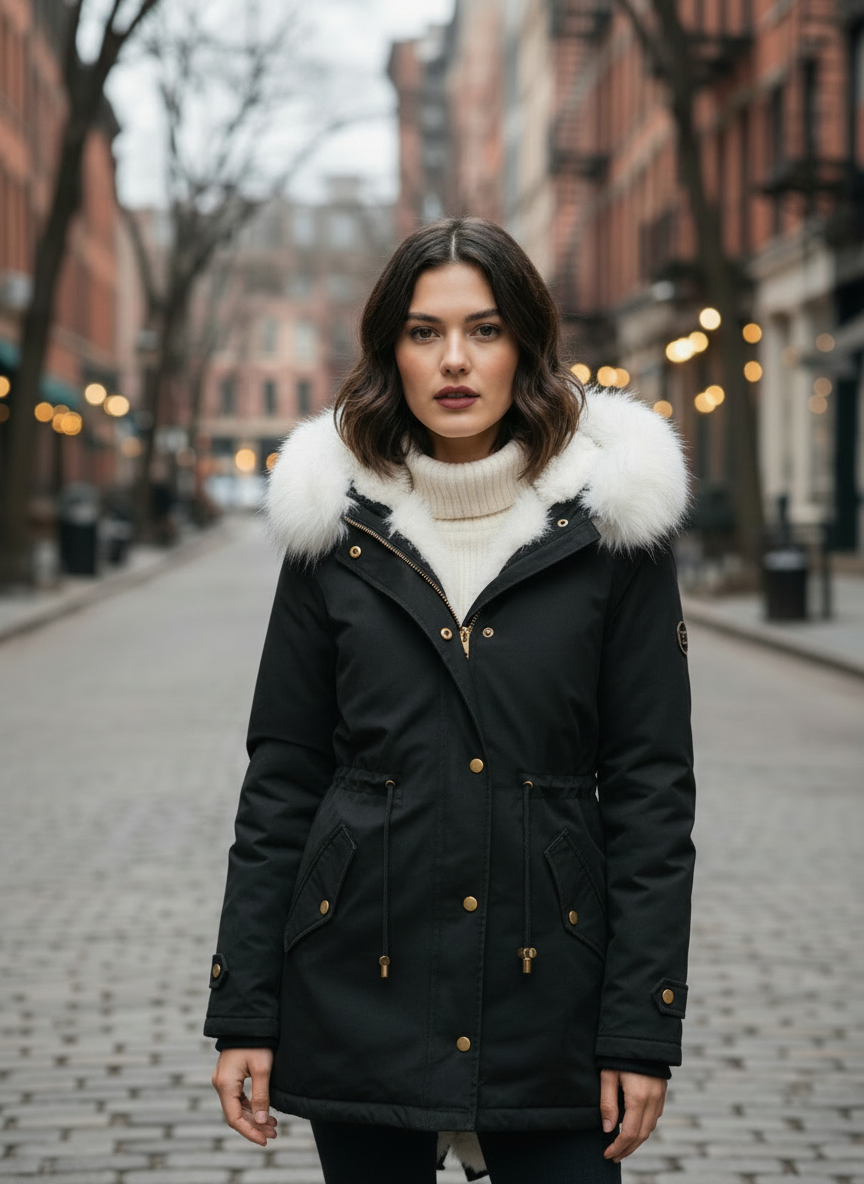 Women’s Winter Parka – Faux Fur Hood and Belted Design