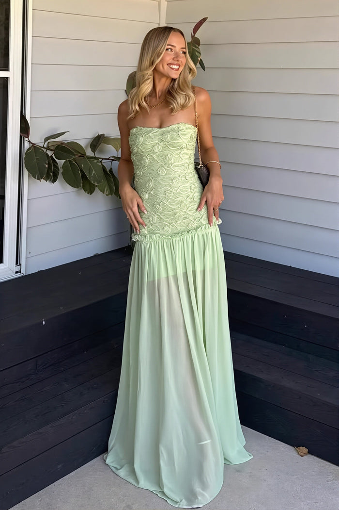 Strapless chiffon maxi-jurk met bloemenlijfje